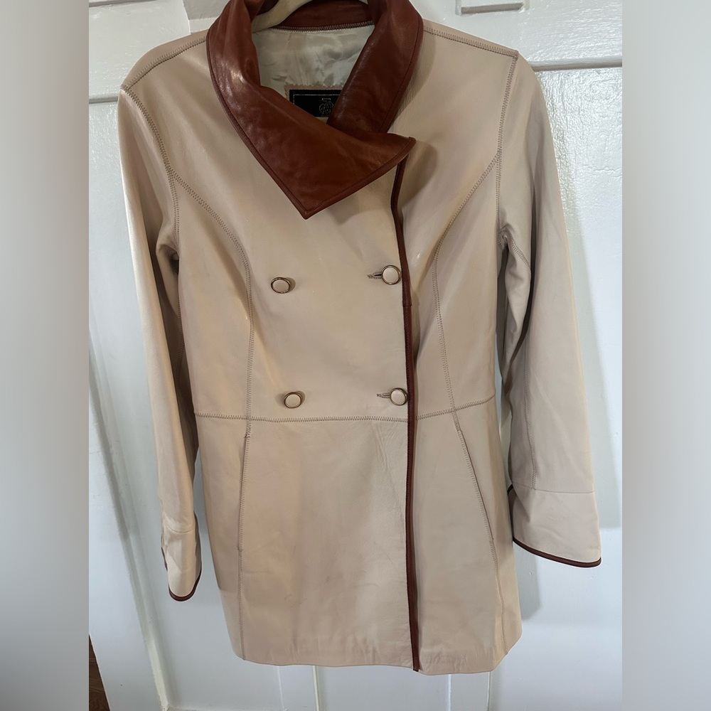 Cream Leather Trench Coat with Brown Trim
